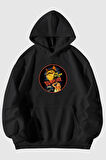 Vampur Kedi Baskılı Unisex Siyah Kanguru Cepli Kapüşonlu Sweatshirt Hoodie | M