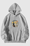 Yıldızlı Gece Baskılı Unisex Gri Kanguru Cepli Kapüşonlu Sweatshirt Hoodie | M