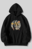 Yıldızlı Gece Baskılı Unisex Siyah Kanguru Cepli Kapüşonlu Sweatshirt Hoodie | L