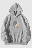 Ying Yang Kedi Baskılı Unisex Gri Kanguru Cepli Kapüşonlu Sweatshirt Hoodie | S