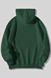 Ying Yang Kedi Baskılı Unisex Yeşil Kanguru Cepli Kapüşonlu Sweatshirt Hoodie | M