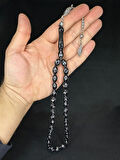 ALPAKA AY YILDIZ İŞLEMELİ SIKMA KEHRİBAR TESBİH SİYAH RENK 14MMX9,5MM T-652