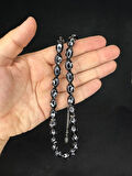ALPAKA AY YILDIZ İŞLEMELİ SIKMA KEHRİBAR TESBİH SİYAH RENK 14MMX9,5MM T-652