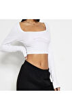 Kadın Dikiş Detaylı Uzun Kollu Crop Bluz