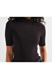 Kadın Siyah Kısa Kollu Body Yarım Boğaz