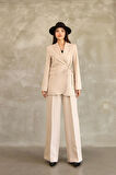 Kadın Bej Yandan Bağlamalı Blazer Ceket Pantolon Takım