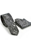 Siyah Beyaz Motif Desenli Gri Dokuma Kumaş Mendilli Slim Fit Kravat  / SDK-220711