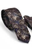 Bej Lacivert Motif Desenli Kahverengi Dokuma Kumaş Mendilli Slim Fit Kravat  / SDK-220714