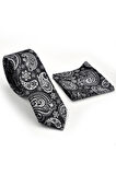 Beyaz Şal Desenli Siyah Dokuma Kumaş Mendilli Slim Fit Kravat  / SDK-230206