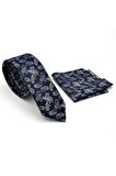 Beyaz Şal Desenli Lacivert Dokuma Kumaş Mendilli Slim Fit Kravat  / SDK-230209