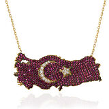 925 Ayar Gümüş Gold Ay Yıldız Türkiye Haritası Kadın Kolye