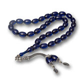 Gümüş Püsküllü Lacivert Sıkma Kehribar Tesbih