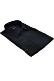 Siyah Armür Desenli Slim Fit Düz Renk Uzun Kol Erkek Gömlek - 256-6