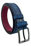 Lacivert Suni Deri Denim Kot Desenli 4 cm.lik Spor Kemer - 9805