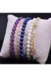 Ametist Taşı-ay Taşı-sitrin Taşı-pembe Kuvars-lapis Lazuli Taşı 6mm Bileklik 5'li Set Örme Ayarlı