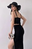 Askılı Fırfırlı Crop Bluz Fileli Etek Yazlık Triko Alt Üst Takım