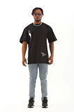 Unisex Oversize Baskılı Bisiklet Yaka T-Shirt - Siyah