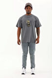 Unisex Oversize Baskılı Bisiklet Yaka T-Shirt - Füme