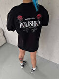 Unisex Bisiklet Yaka Baskılı Oversize T-Shirt - Siyah