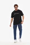 Unisex Bisiklet Yaka Baskılı Oversize T-Shirt - Siyah