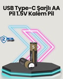 USB TypeC Girişli Şarjlı AA Lityum Pil | 1.5V Sabit Çıkış | 3200mWh (2'li Paket)