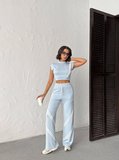 Kadın Şerit Detaylı Crop Top ve Yüksek Bel Bol Paça Pantolon İkili Takım