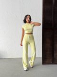 Kadın Şerit Detaylı Crop Top ve Yüksek Bel Bol Paça Pantolon İkili Takım
