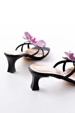 S-622 Siyah Mor Orkide Detaylı İnce Topuklu Kadın Terlik
