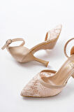 K-404 Bej Fileli Çiçek Detaylı  Kadın Topuklu Ayakkabı