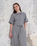 Kuşaklı Gömlek Yaka Salaş Tulum Gri S255822