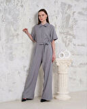 Kuşaklı Gömlek Yaka Salaş Tulum Gri S255822