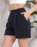 Çizgili Düğmeli Şort Siyah S2551251