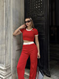 Crop Pantolon Biyeli Takım Kırmızı