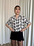 Siyah Beyaz Baskılı Crop Gömlek