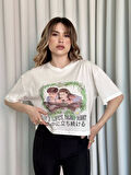 Oversize Beyaz Baskılı Crop Tişört