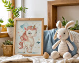 Bebek ve Çocuk Odası Unicorn ve Ejderha Tema Ahşap Çerçeveli 3'lü Tablo Seti