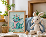 Bebek ve Çocuk Odası Sevimli Dinozor Tema Ahşap Çerçeveli 3'lü Tablo Seti