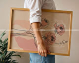 Floral Çizgisel Çiçek Sanat 3'lü Ahşap Çerçeveli Tablo Seti-30x42