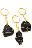 Sertifikalı Gold Siyah Obsidyen Taşı Anahtarlık - Tel Sargılı