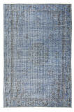 198x300 Cm El Dokuması Yeniden Boyanmış Eski Türk Halısı, Modern Mavi El Yapımı Yünlü Halı