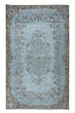 193x310 Cm El Dokuması Yeniden Boyanmış Eski Türk Halısı, Modern Mavi El Yapımı Yünlü Halı