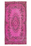 105x210 Cm El Dokuması Yeniden Boyanmış Eski Türk Halısı, Modern Pembe El Yapımı Yünlü Halı