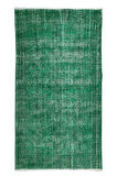 110x203 Cm El Dokuması Yeniden Boyanmış Eski Türk Halısı, Modern Yeşil El Yapımı Yünlü Halı