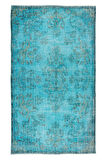 184x313 Cm El Dokuması Yeniden Boyanmış Eski Türk Halısı, Modern Mavi El Yapımı Yünlü Halı