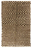 152x215 cm Kalın El Yapımı Shaggy Peluş Yün Halı. El Dokuması Kahverengi ve Bej Renkli Damalı Halı
