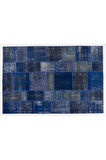 200x300 cm Mavi Tonlarda El Dokuması Patchwork Halı, Modern Ve Otantik Patchwork
