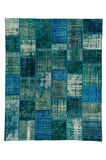 244x305 cm Mavi Tonlarda El Dokuması Patchwork Halı, Otantik Renkli Halı