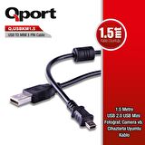 QPORT Q-USBKM1.5 1.5 METRE 5 PİN KABLO KAMERA 1,5M 5PİN MİNİ USB 2.0 ŞARJ DATA KABLOSU