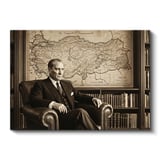 Yatay Kanvas Tablo Kütüphanede Atatürk ve Türkiye Haritası Ev Ofis Duvar Dekoru