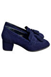 Lacivert Hakiki Deri Süet Püskül Detay Topuklu Ayakkabı